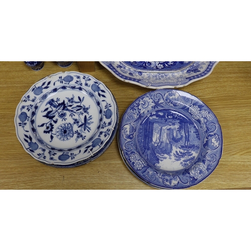 355 - An early 19th century John Meir and Sons blue and white printed 'Fairy Villas' meat dish together wi... 