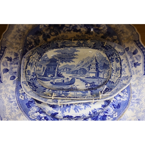 355 - An early 19th century John Meir and Sons blue and white printed 'Fairy Villas' meat dish together wi... 