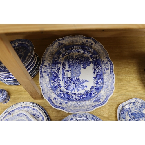 355 - An early 19th century John Meir and Sons blue and white printed 'Fairy Villas' meat dish together wi... 