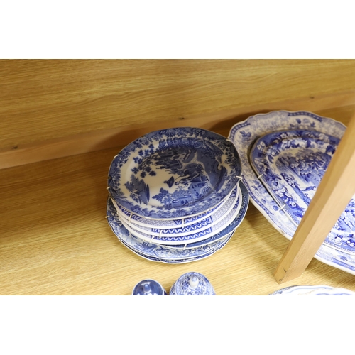 355 - An early 19th century John Meir and Sons blue and white printed 'Fairy Villas' meat dish together wi... 