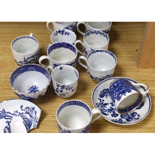 365 - A collection of late 18th century Worcester, Caughley etc. blue and white coffee cups and saucers, t... 