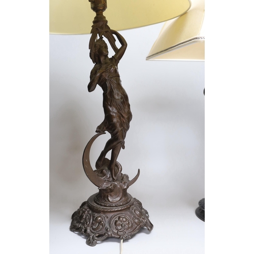 367 - An Art Nouveau spelter figural table lamp and one other, each with shades, the largest 64cm high... 