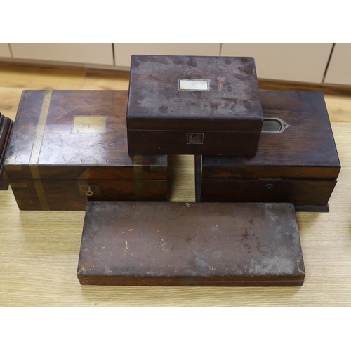 370 - A Victorian brass mounted walnut writing box, work box with fitted interior, rosewood box with mothe... 