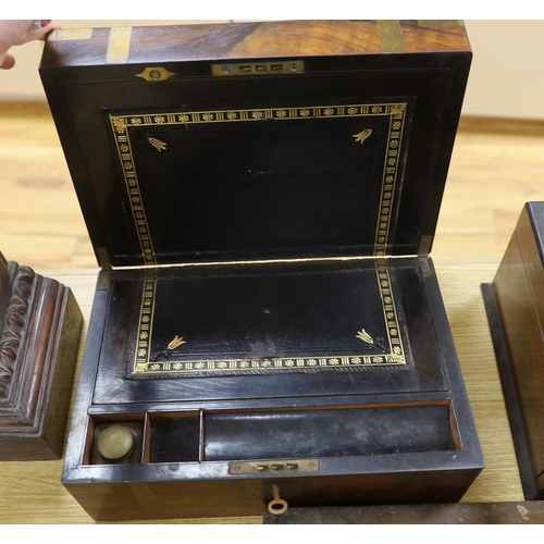 370 - A Victorian brass mounted walnut writing box, work box with fitted interior, rosewood box with mothe... 