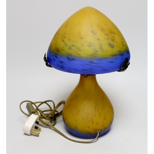 372 - A French La Rochere glass mushroom table lamp, inscribed to the base, 33cm high