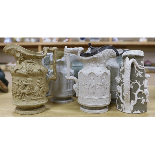 375 - A collection of Victorian Charles Meigh and TJ & JM Mayers stoneware jugs, including Gothic relief d... 