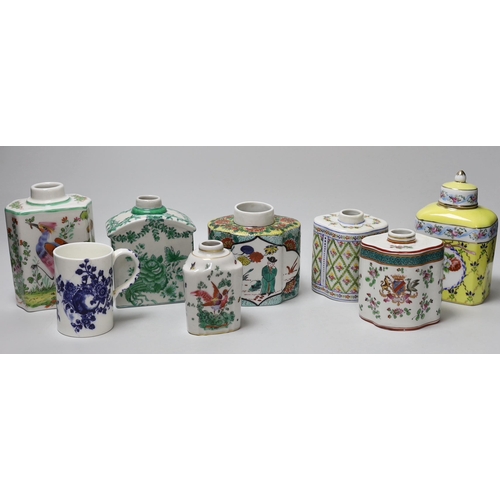 385 - A group of seven floral Continental tea canisters (one with cover) and a Worcester style bone china ... 