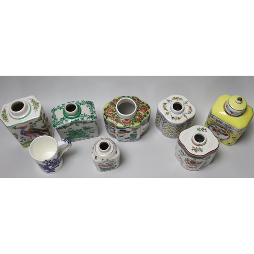 385 - A group of seven floral Continental tea canisters (one with cover) and a Worcester style bone china ... 