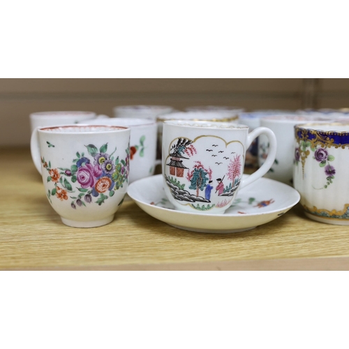 389 - A collection of late 18th century Worcester and Lowestoft coffee cups and a saucer, many hand painte... 