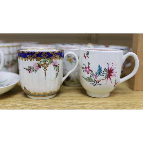 389 - A collection of late 18th century Worcester and Lowestoft coffee cups and a saucer, many hand painte... 