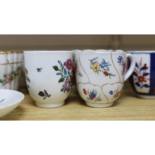 389 - A collection of late 18th century Worcester and Lowestoft coffee cups and a saucer, many hand painte... 