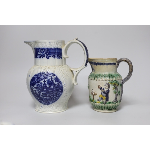 397 - A late 18th century blue and white pearlware jug, a chestnut  basket and a Pratt type jug (3), 21.5c... 