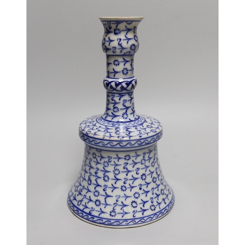 402 - Turkish blue and white Isnik style candlestand, 26cm high