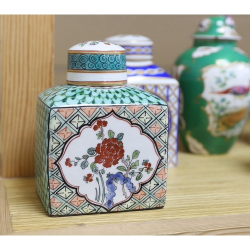 406 - A collection of Paris porcelain tea canisters, imitating Sevres, Chinese export etc. tallest jar and... 