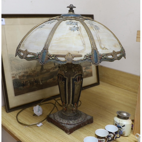 407 - An early 20th century American Miller & Co painted spelter and opaque glass table lamp, 55cms high... 