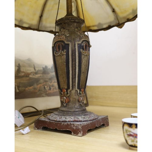 407 - An early 20th century American Miller & Co painted spelter and opaque glass table lamp, 55cms high... 