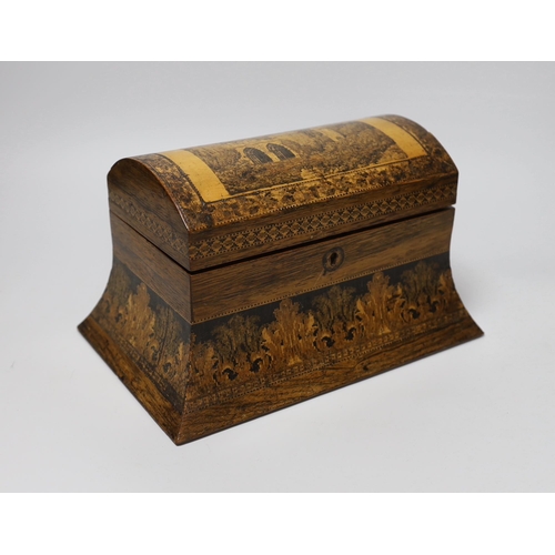 413 - A 19th century Tunbridge ware rosewood tea caddy depicting Bayham Abbey ruins, and a bookslide with ... 