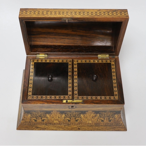 413 - A 19th century Tunbridge ware rosewood tea caddy depicting Bayham Abbey ruins, and a bookslide with ... 