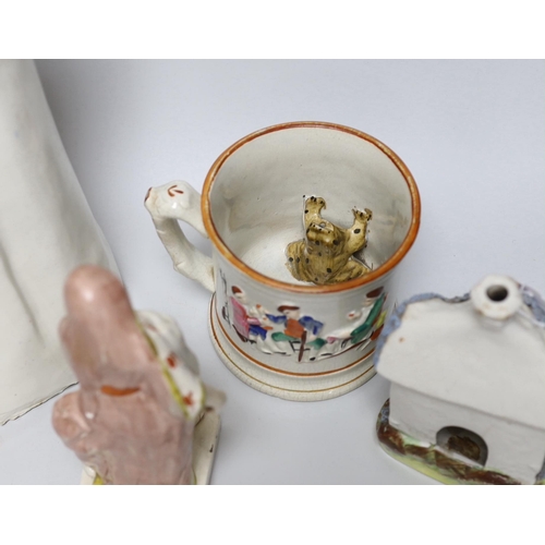 419 - A tall Staffordshire pottery figure of Queen Victoria, a Staffordshire 'frog' mug and three various ... 