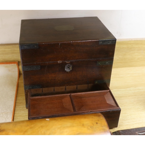 423 - A 19th century mahogany brass bound stationary box, a domed tea caddy, an oak candle box and terrier... 