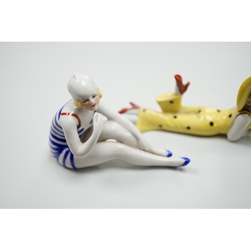 430 - Two German Art Deco porcelain models of bathing beauties, longest 14.5cm