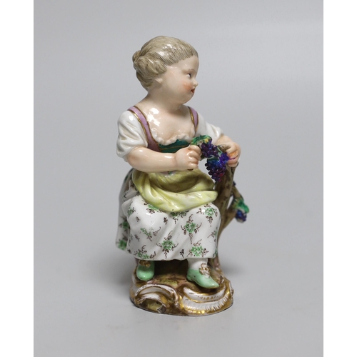 432 - An early 19th century Meissen figure of a girl seated on a tree stump holding a bunch of grapes, pai... 