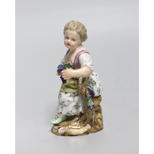 432 - An early 19th century Meissen figure of a girl seated on a tree stump holding a bunch of grapes, pai... 