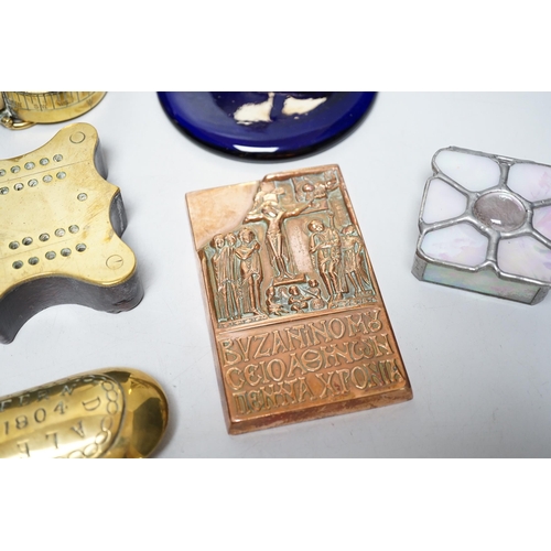 441 - A group of assorted brass and other collectables, including a Welsh brass spectacle case inscribed M... 