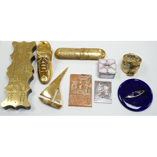 441 - A group of assorted brass and other collectables, including a Welsh brass spectacle case inscribed M... 