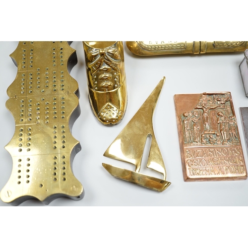 441 - A group of assorted brass and other collectables, including a Welsh brass spectacle case inscribed M... 