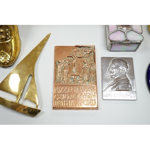 441 - A group of assorted brass and other collectables, including a Welsh brass spectacle case inscribed M... 