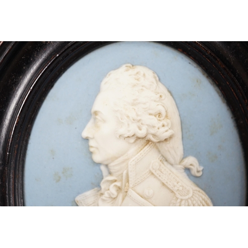 451 - A framed Wedgwood Blue Jasper plaque, Lord Nelson, Frame 13.5cm high