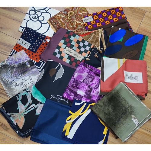 459 - A collection of vintage silk scarves including Lanvin, Yves Saint Laurent, Maggy Rouff and one retai... 