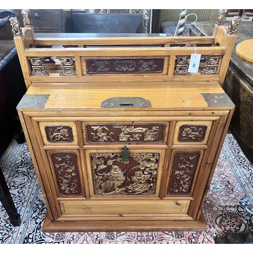 46 - A Chinese brass mounted gilt painted pine fall front cabinet, width 80cm, depth 53cm, height 94cm... 