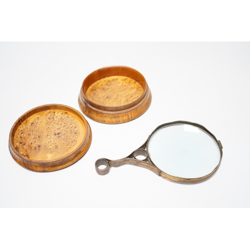 463 - A 19th century burr walnut snuff box, a gilt brass magnifying glass and a Chinese pillow, the larges... 