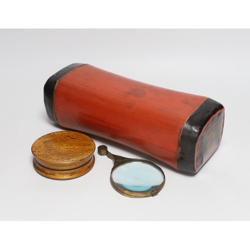 463 - A 19th century burr walnut snuff box, a gilt brass magnifying glass and a Chinese pillow, the larges... 