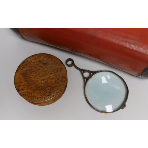 463 - A 19th century burr walnut snuff box, a gilt brass magnifying glass and a Chinese pillow, the larges... 