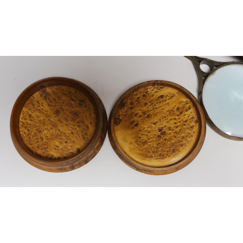 463 - A 19th century burr walnut snuff box, a gilt brass magnifying glass and a Chinese pillow, the larges... 