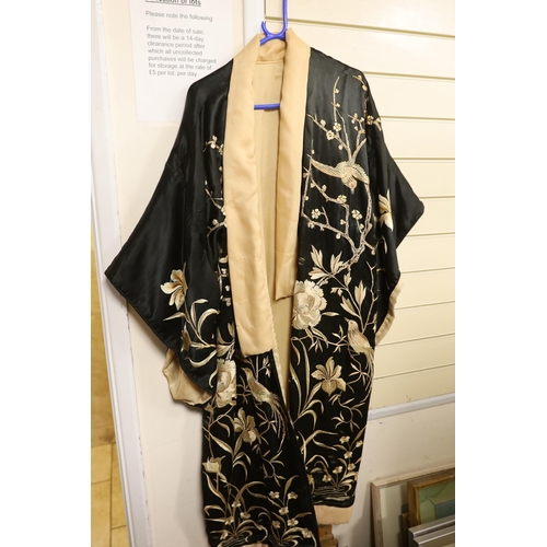 476 - A silk embroidered kimono, a Chinese embroidered jacket and a Japanese embroidered jacket