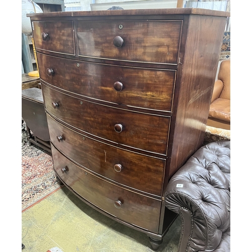 52 - An early Victorian mahogany six drawer bowfront chest, width 121cm, depth 64cm, height 149cm