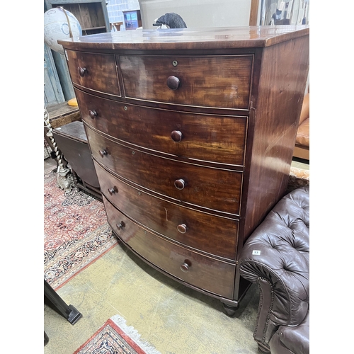 52 - An early Victorian mahogany six drawer bowfront chest, width 121cm, depth 64cm, height 149cm