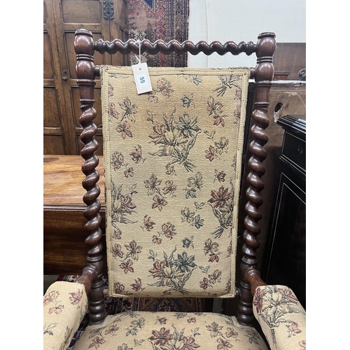 55 - A Victorian carved spiral turned mahogany armchair, width 60cm, depth 60cm, height 118cm