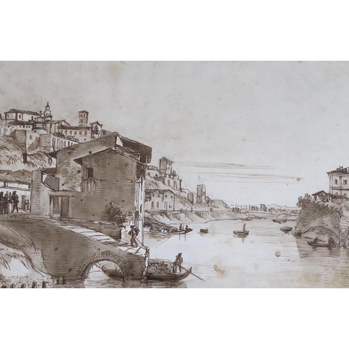 653 - Continental school, late 18th century, ink and wash drawing, view of the Tiber, Rome, inscribed, 22 ... 