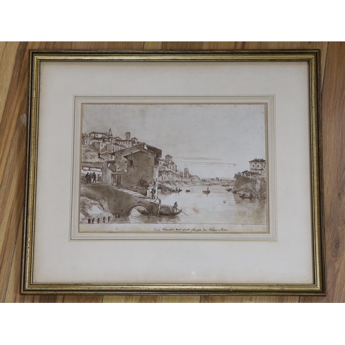 653 - Continental school, late 18th century, ink and wash drawing, view of the Tiber, Rome, inscribed, 22 ... 