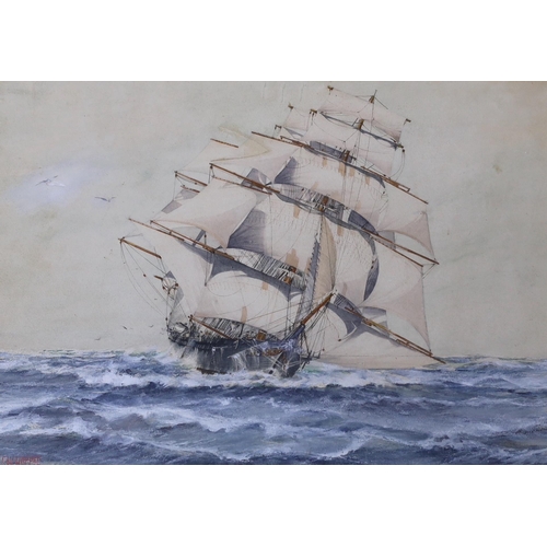 658 - F.W. Hopper (First half 20th century), watercolour, clipper on high seas, signed and dated 47, 26.5 ... 