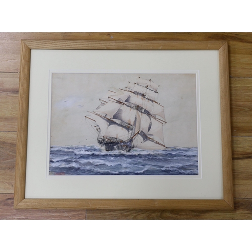 658 - F.W. Hopper (First half 20th century), watercolour, clipper on high seas, signed and dated 47, 26.5 ... 