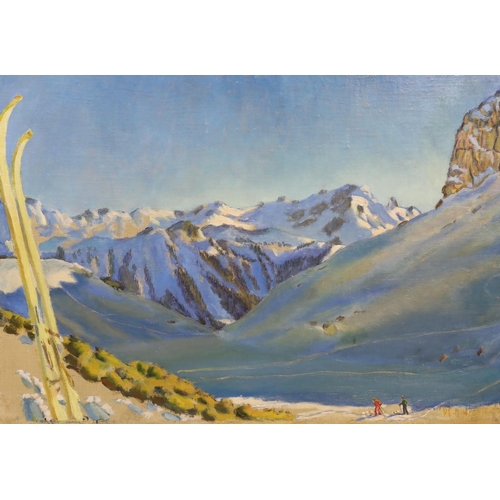 659 - D.E.Lim..., oil on canvas, Skiers in an alpine landscape, indistinctly signed, 51 x 71cm, unframed... 