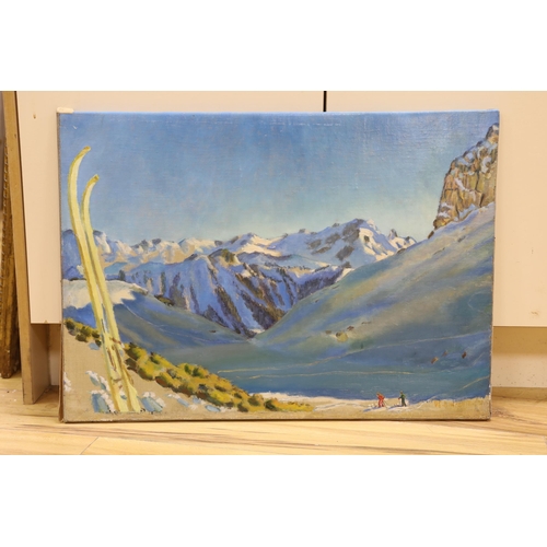 659 - D.E.Lim..., oil on canvas, Skiers in an alpine landscape, indistinctly signed, 51 x 71cm, unframed... 