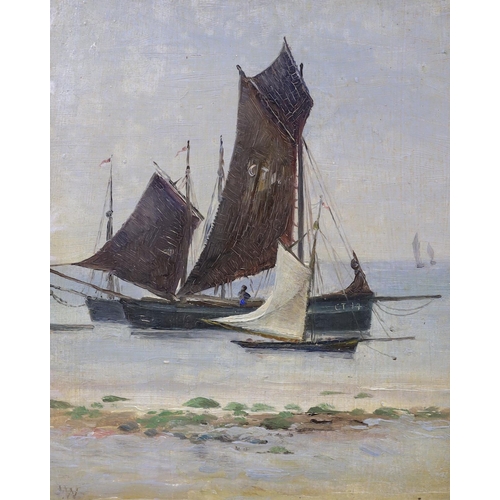 662 - John White RI (1851-1933) oil on board, boats by the shore, initials of JW, 19 x 16 cm