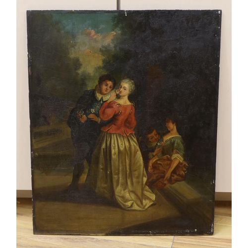 663 - After Watteau, oil on panel, courting couples, 46 x 38 cm